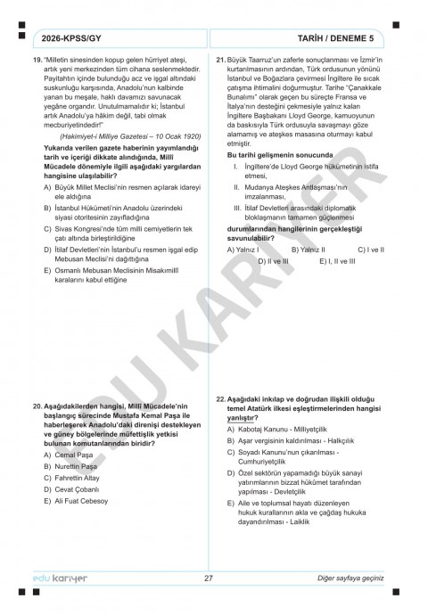 Edu Kariyer Sadettin Hoca 2026 KPSS Tarih 20'li Branş Deneme Tamamı Çözümlü