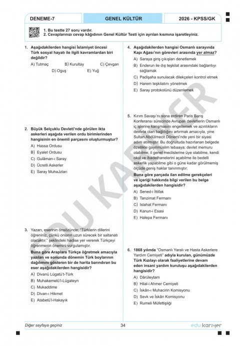 Edu Kariyer Sadettin Hoca 2026 KPSS Tarih 20'li Branş Deneme Tamamı Çözümlü