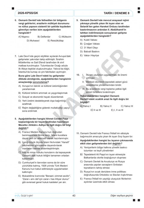 Edu Kariyer Sadettin Hoca 2026 KPSS Tarih 20'li Branş Deneme Tamamı Çözümlü