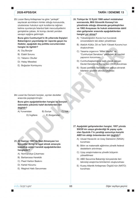 Edu Kariyer Sadettin Hoca 2026 KPSS Tarih 20'li Branş Deneme Tamamı Çözümlü