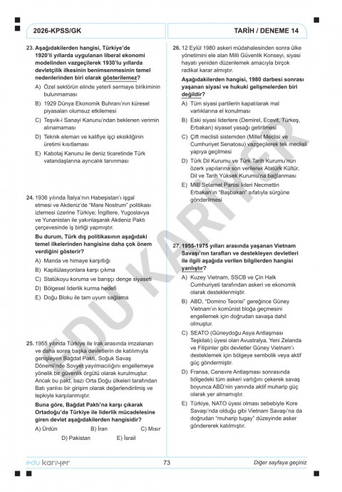 Edu Kariyer Sadettin Hoca 2026 KPSS Tarih 20'li Branş Deneme Tamamı Çözümlü