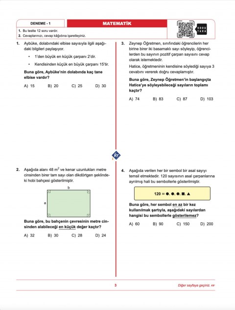 İbrahim Akca 8. Sınıf LGS Matematik 1. Dönem İlk 12 Soru Konu Denemeleri KR Akademi Yayınları