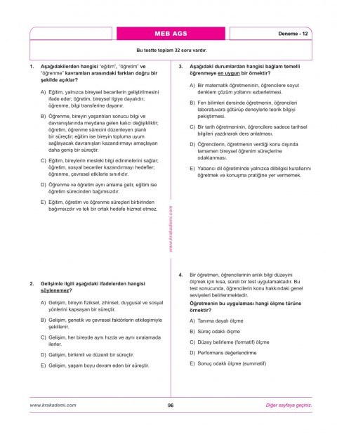 MEB AGS Eğitimin Temelleri ve Türk Milli Eğitim Sistemi Mevzuat 12 Deneme KR Akademi Yayınları