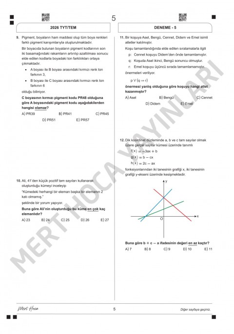 Mert Hoca Yayınları TYT Matematik Branş Denemeleri 10 Adet