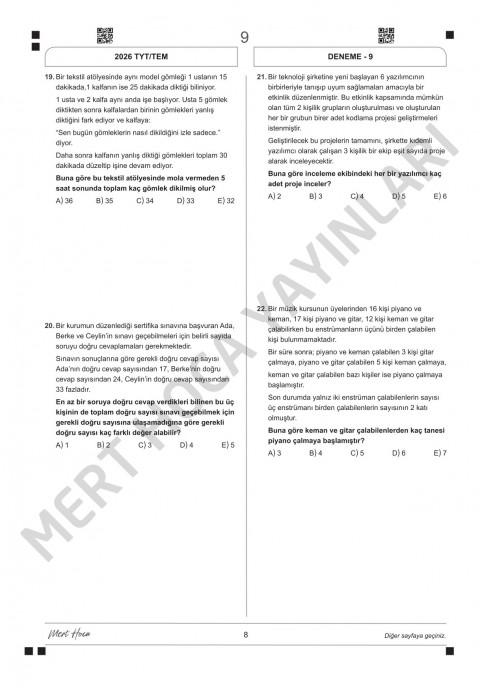 Mert Hoca Yayınları TYT Matematik Branş Denemeleri 10 Adet