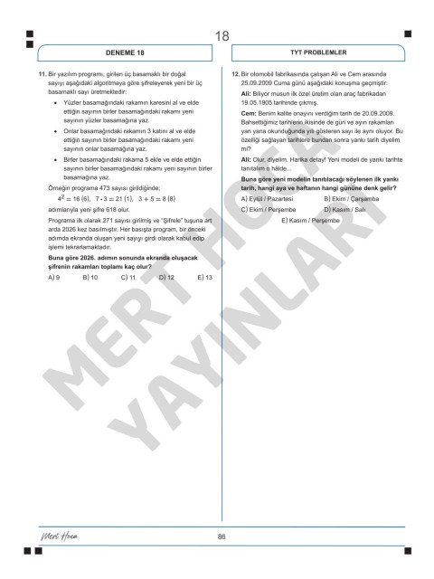 Mert Hoca Yayınları TYT Matematik Problemler Konu Denemeleri