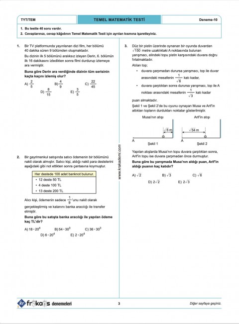 TYT Matematik 10'lu Frekans Denemeleri KR Akademi Yayınları
