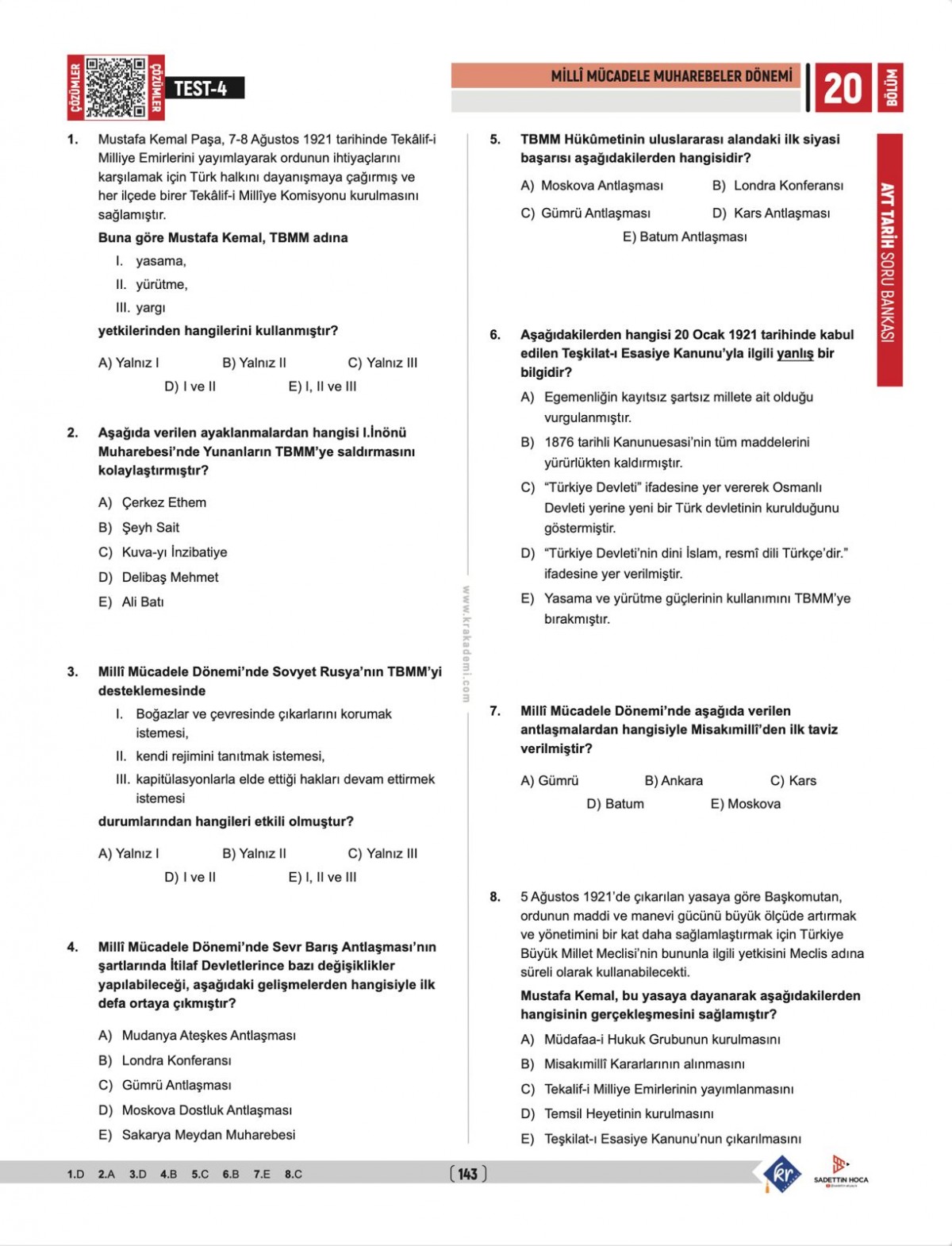 Sadettin Hoca AYT Tarih Soru Bankası - Sadettin Akyayla