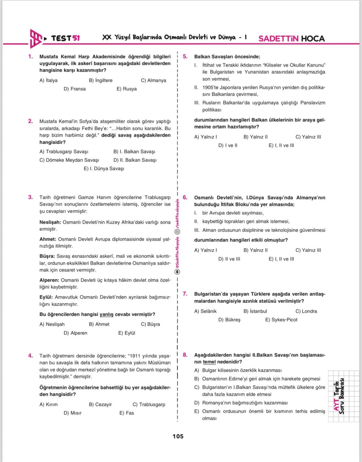 Sadettin Hoca AYT Tarih Soru Bankası Sadettin Hoca AYT Tarih Soru Bankası