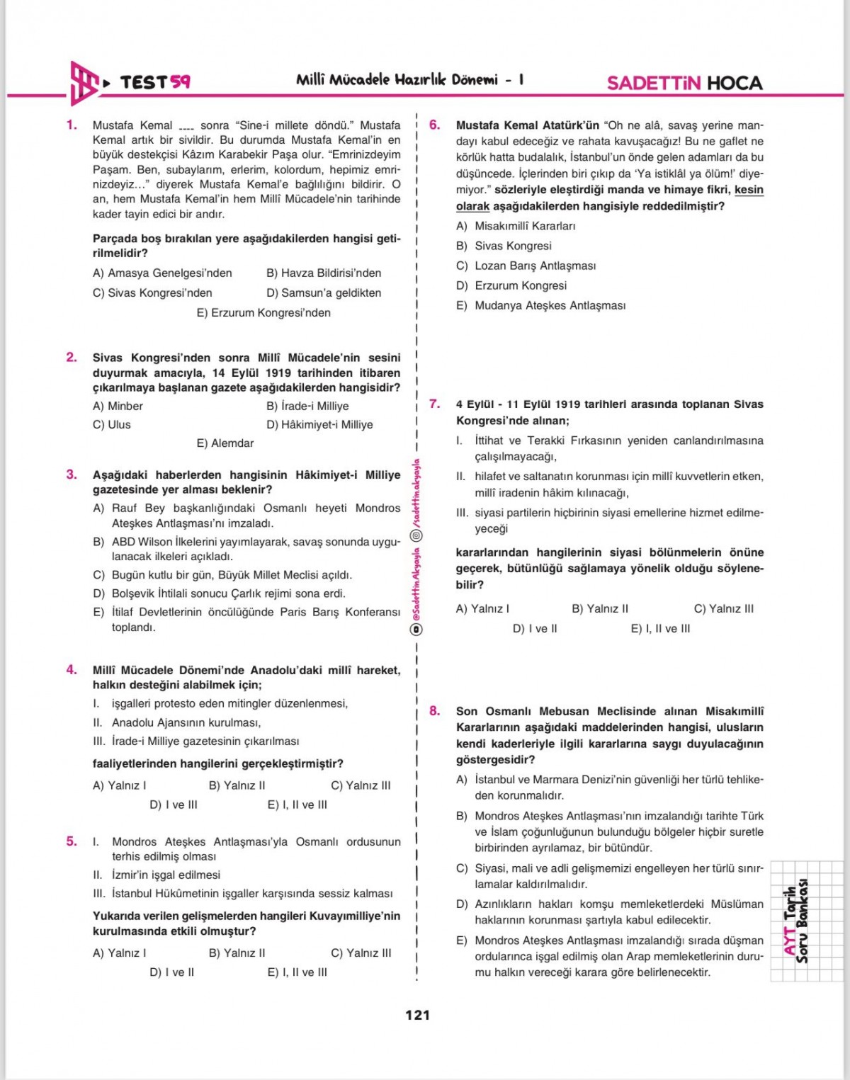 Sadettin Hoca AYT Tarih Soru Bankası Sadettin Hoca AYT Tarih Soru Bankası