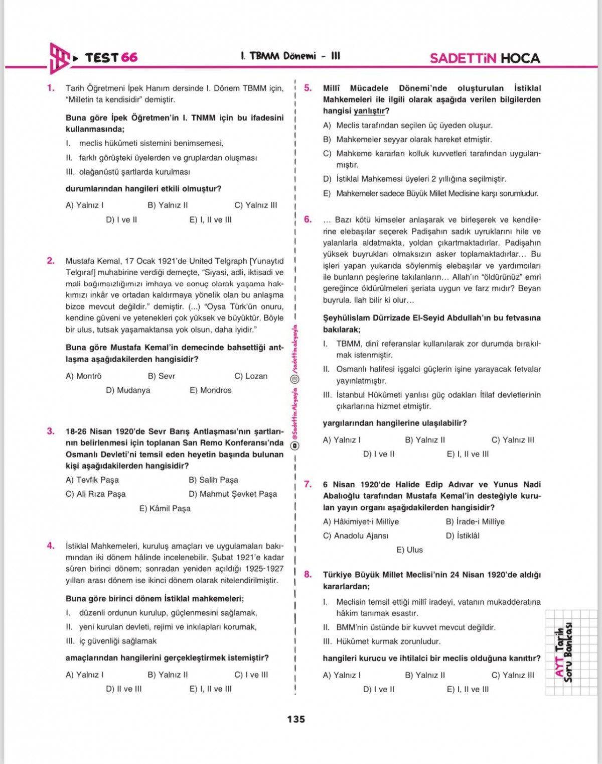 Sadettin Hoca AYT Tarih Soru Bankası Sadettin Hoca AYT Tarih Soru Bankası