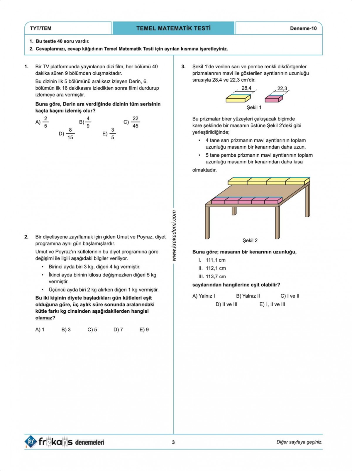 TYT Matematik 10'lu Frekans Denemeleri KR Akademi Yayınları