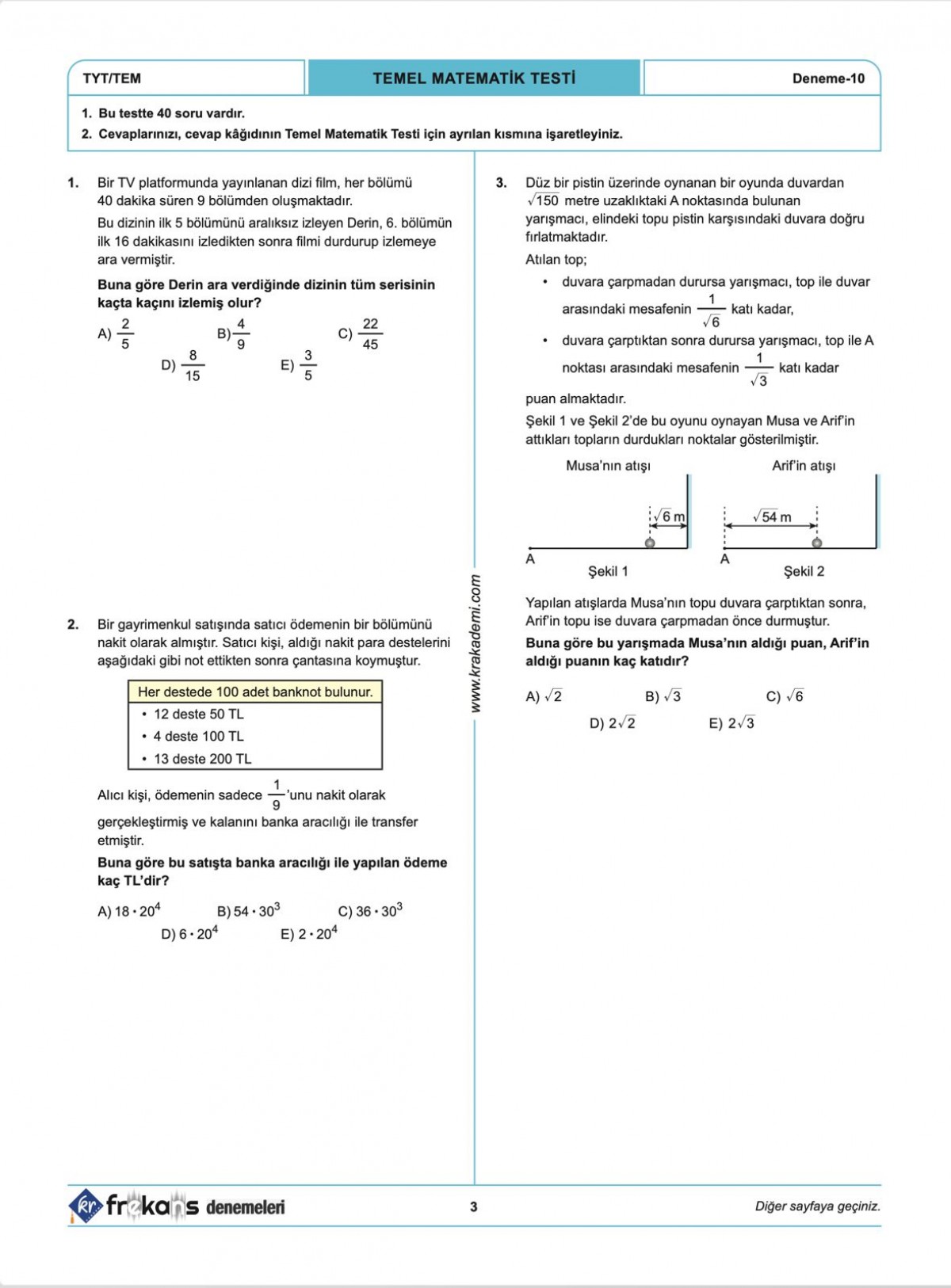 TYT Matematik 10'lu Frekans Denemeleri KR Akademi Yayınları