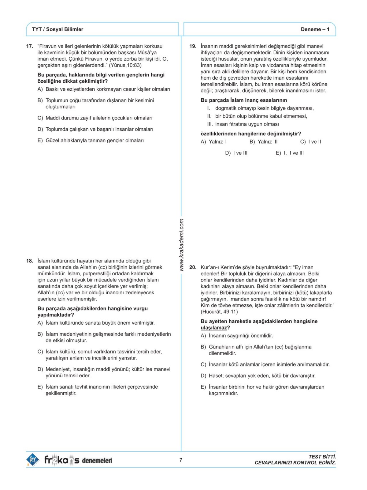 TYT Sosyal Bilimler 15'li Frekans Denemeleri KR Akademi Yayınları TYT Sosyal Bilimler 15'li Frekans Denemeleri KR Akademi Yayınları