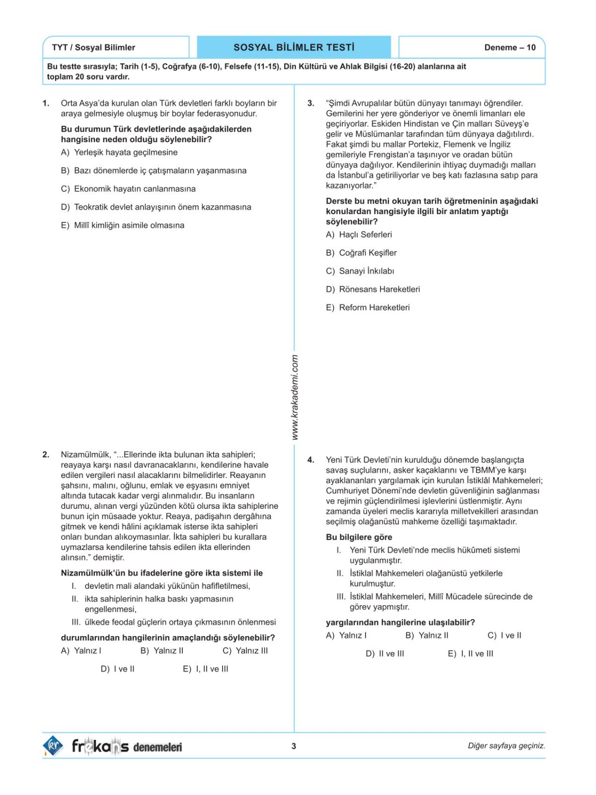 TYT Sosyal Bilimler 15'li Frekans Denemeleri KR Akademi Yayınları TYT Sosyal Bilimler 15'li Frekans Denemeleri KR Akademi Yayınları