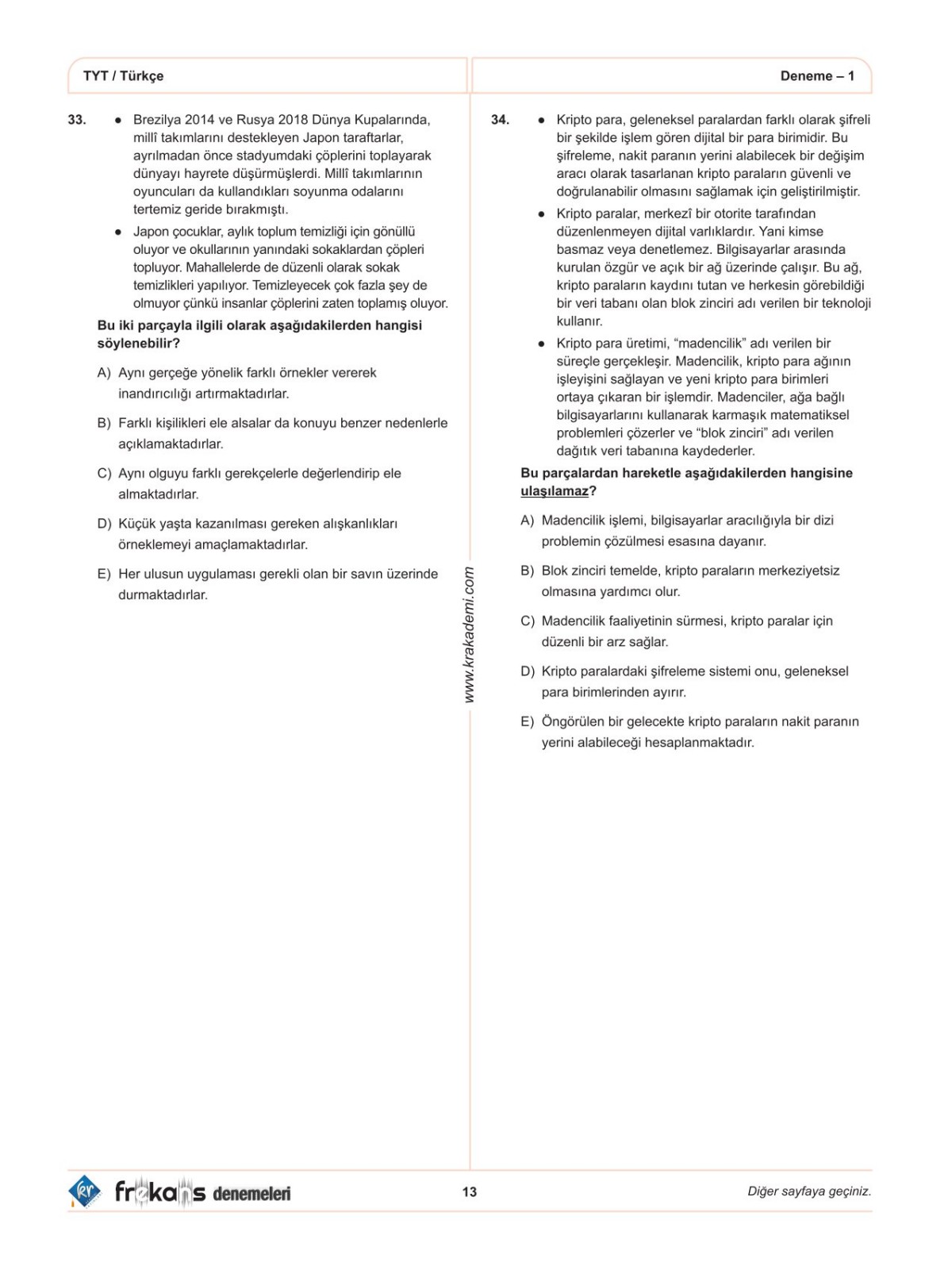 TYT Türkçe 10'lu Frekans Denemeleri KR Akademi Yayınları TYT Türkçe 10'lu Frekans Denemeleri KR Akademi Yayınları