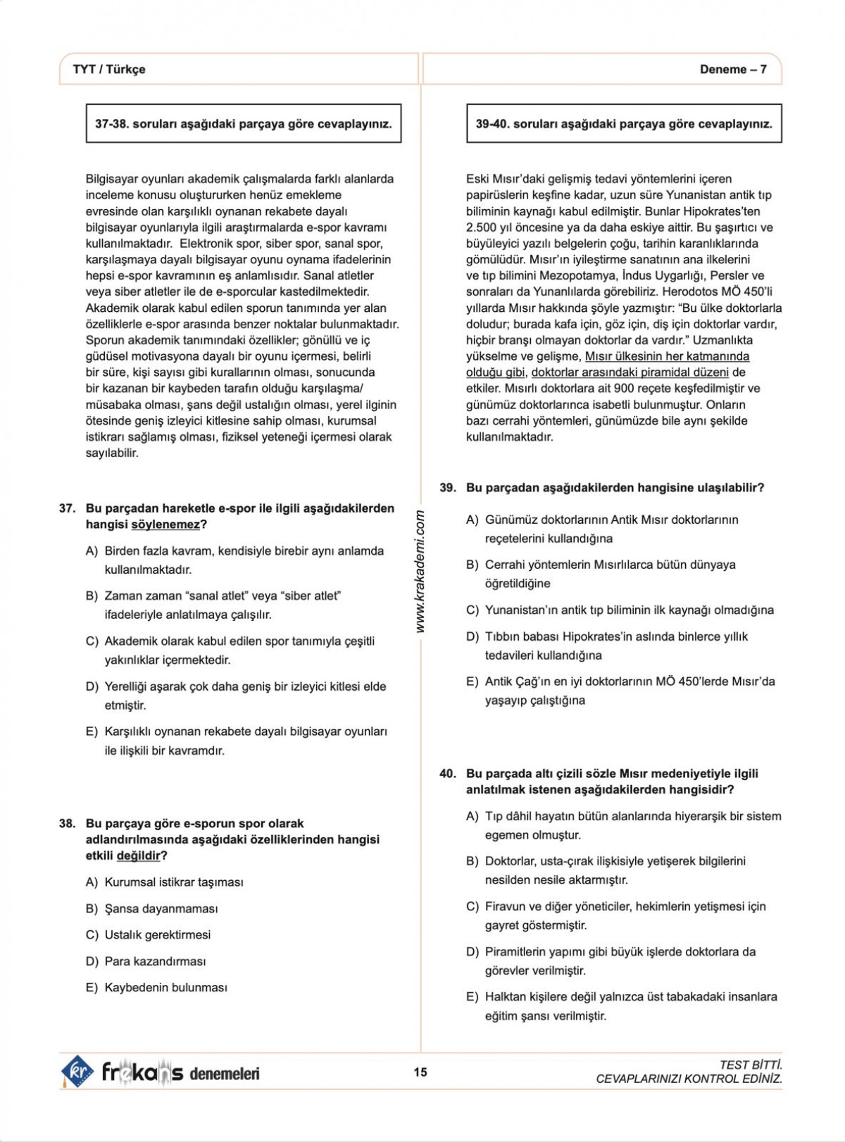 TYT Türkçe 10'lu Frekans Denemeleri KR Akademi Yayınları