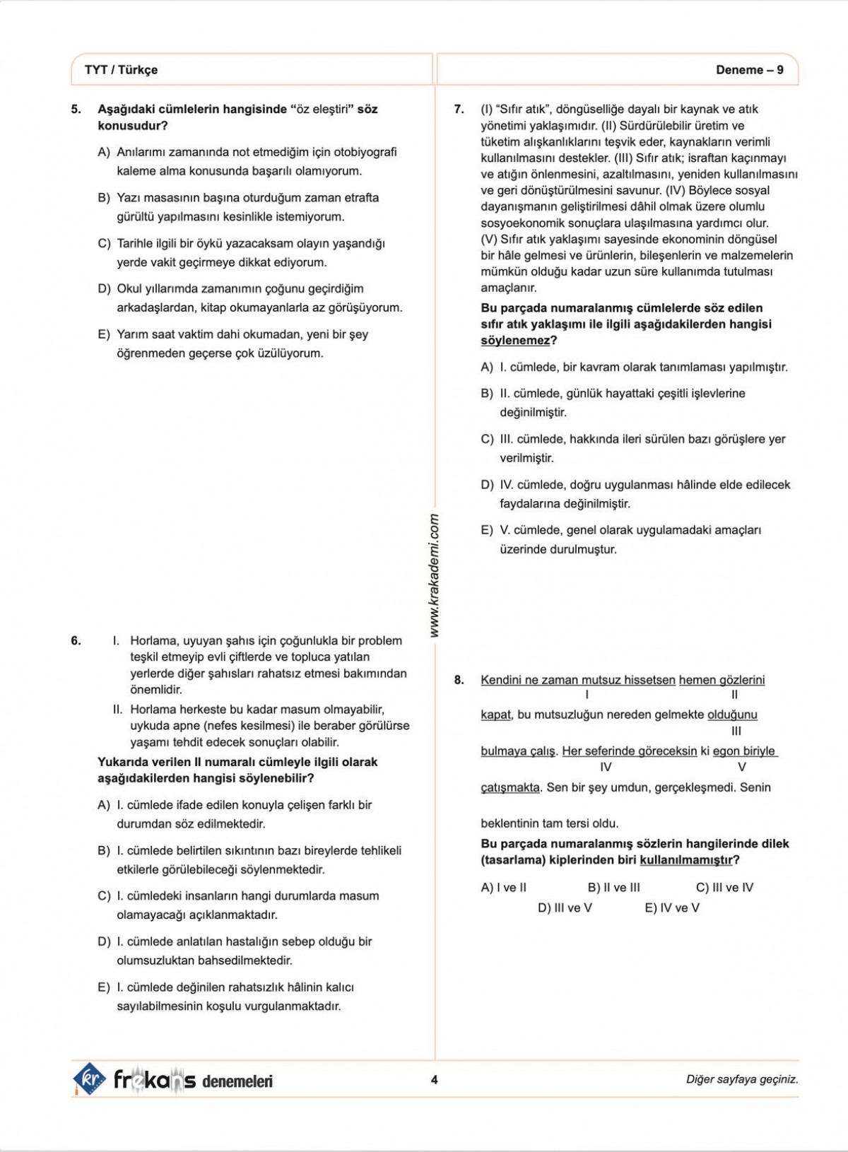 TYT Türkçe 10'lu Frekans Denemeleri KR Akademi Yayınları