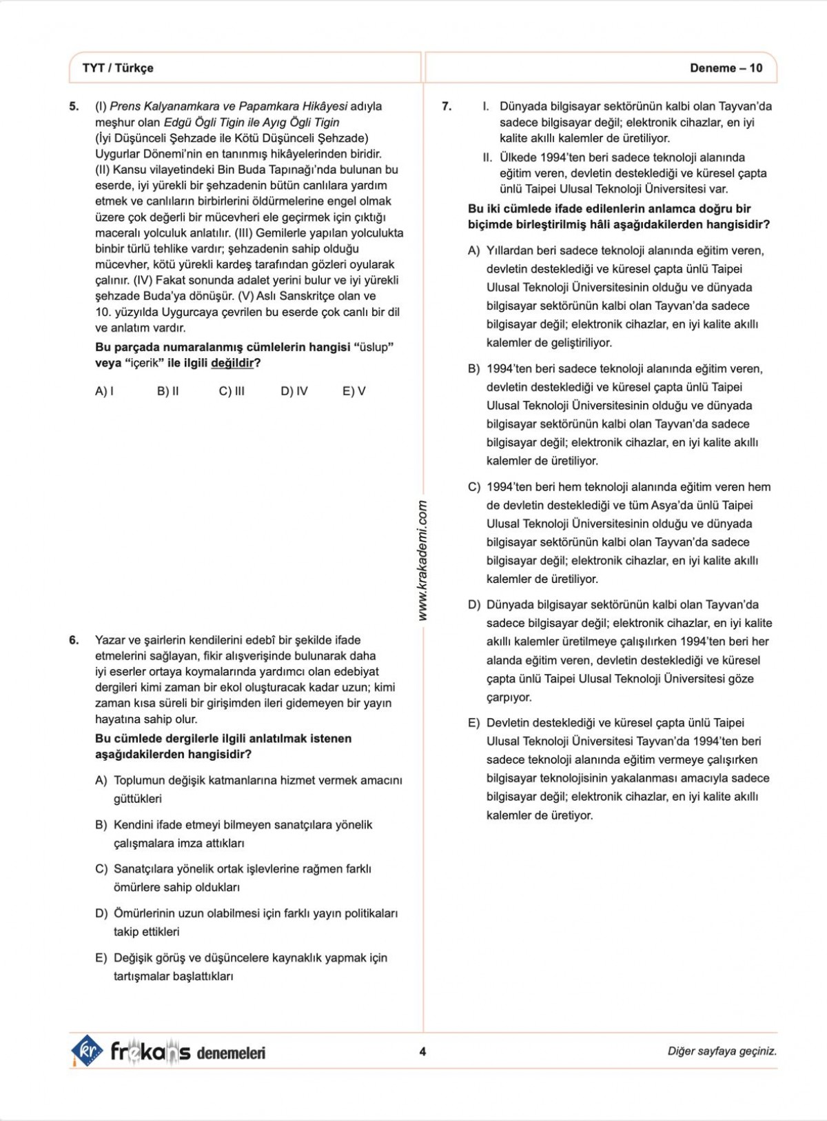 TYT Türkçe 10'lu Frekans Denemeleri KR Akademi Yayınları TYT Türkçe 10'lu Frekans Denemeleri KR Akademi Yayınları