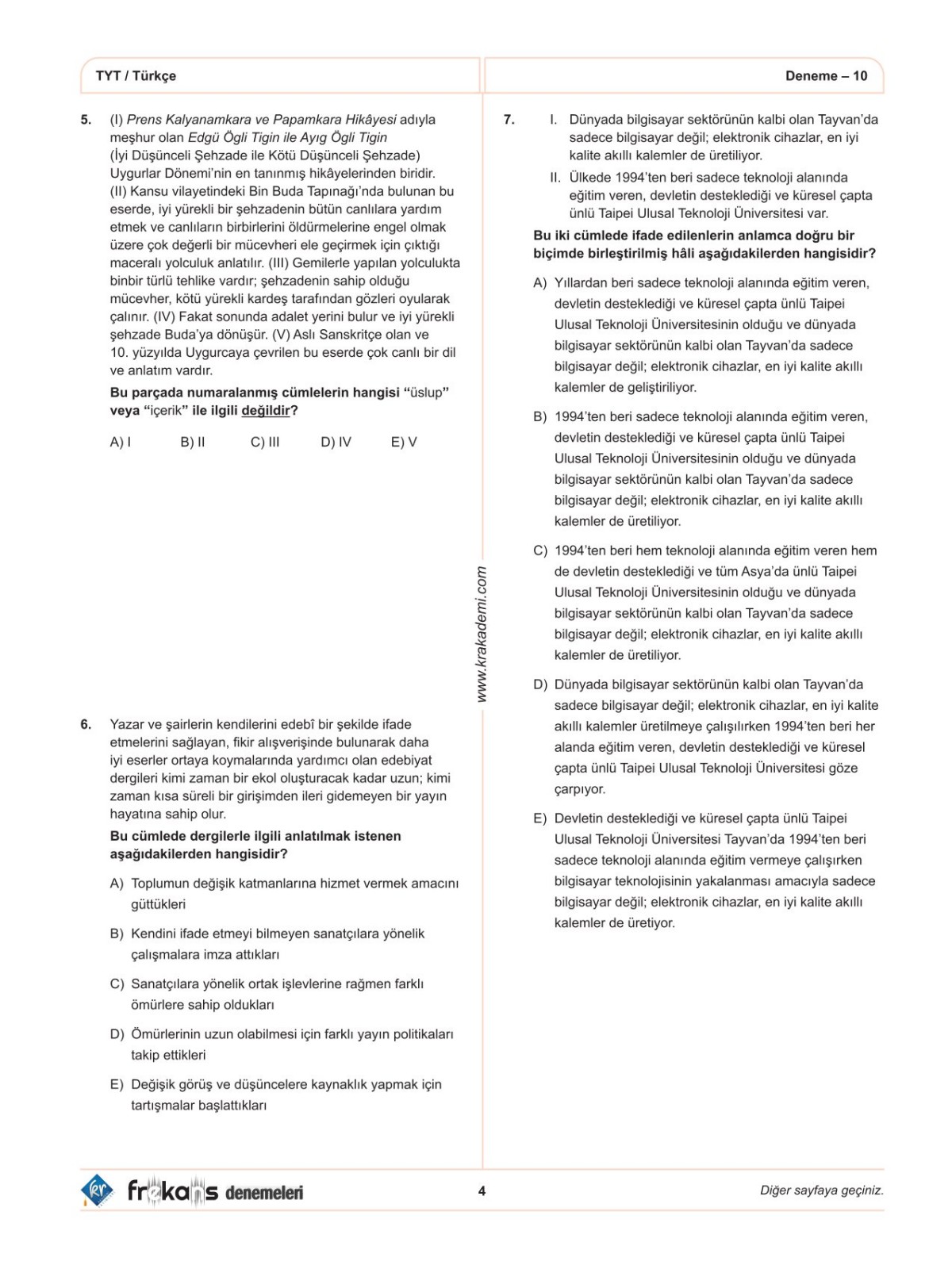 TYT Türkçe 10'lu Frekans Denemeleri KR Akademi Yayınları TYT Türkçe 10'lu Frekans Denemeleri KR Akademi Yayınları