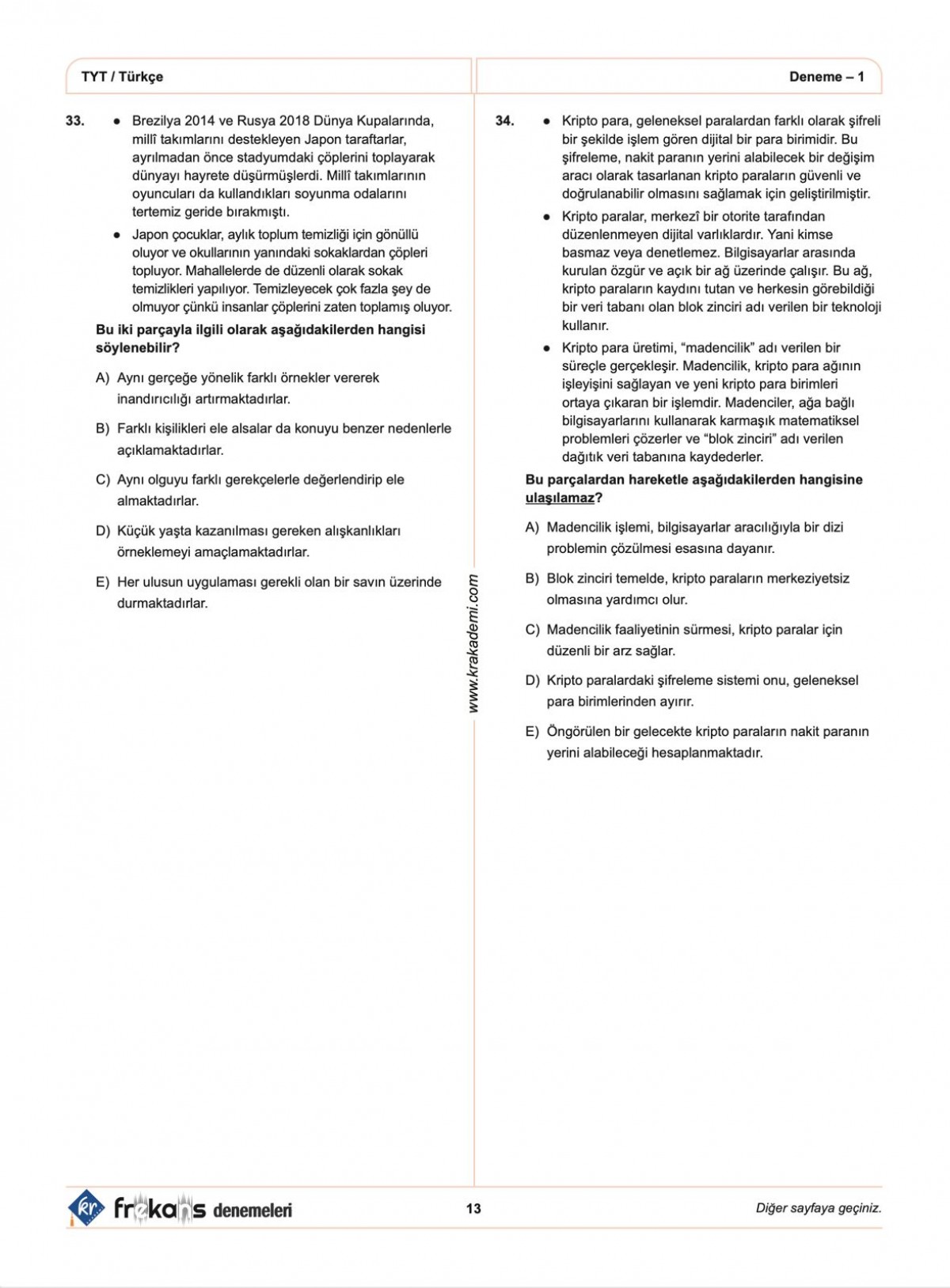 TYT Türkçe 10'lu Frekans Denemeleri KR Akademi Yayınları